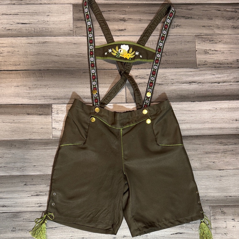 Olive Green men's traditional lederhosen shorts for an Oktoberfest costume.